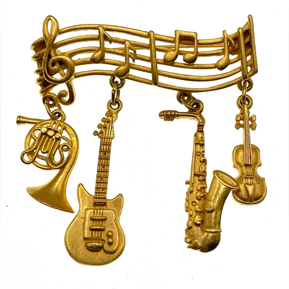 Vintage 1980s Signed JJ Matte Gold Tone Brooch Pin Musical Instruments